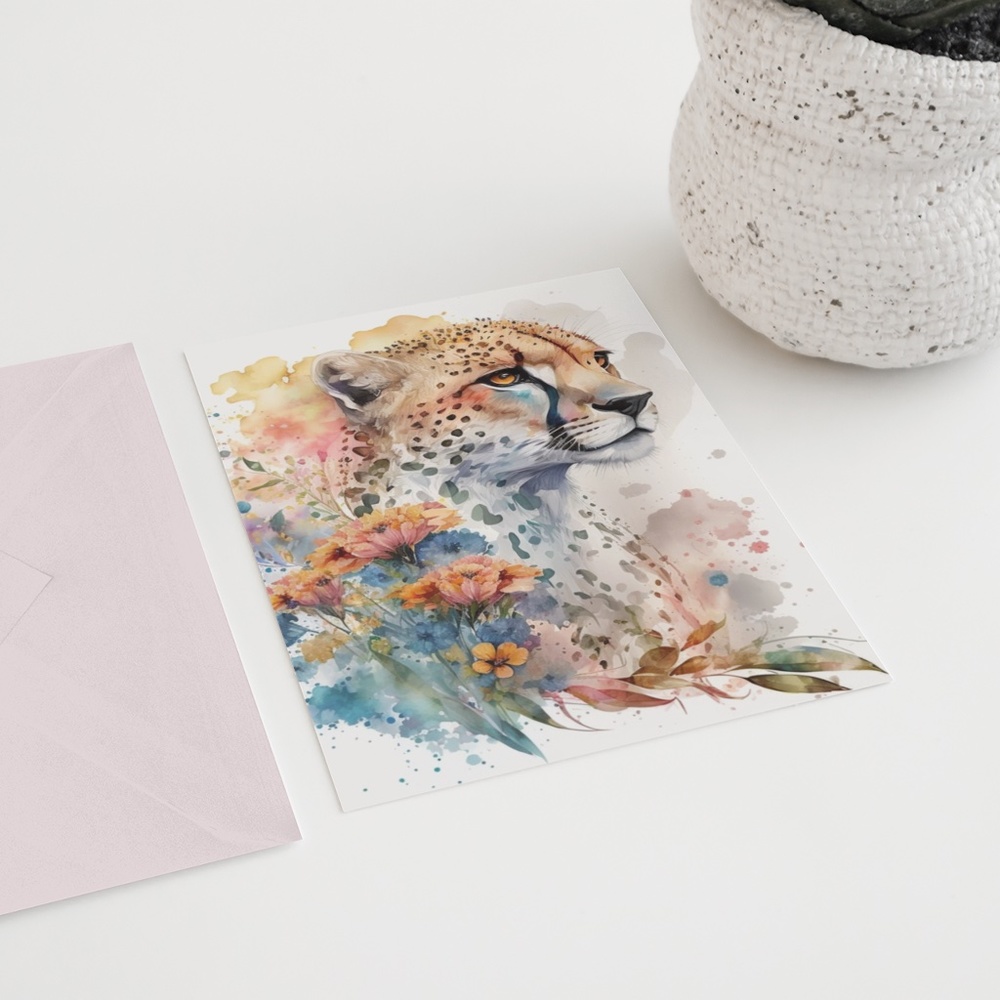 Cute Floral Cheetah Watercolor Wall Art Illustration Print Poster Card Unframed - Picture 6 of 8